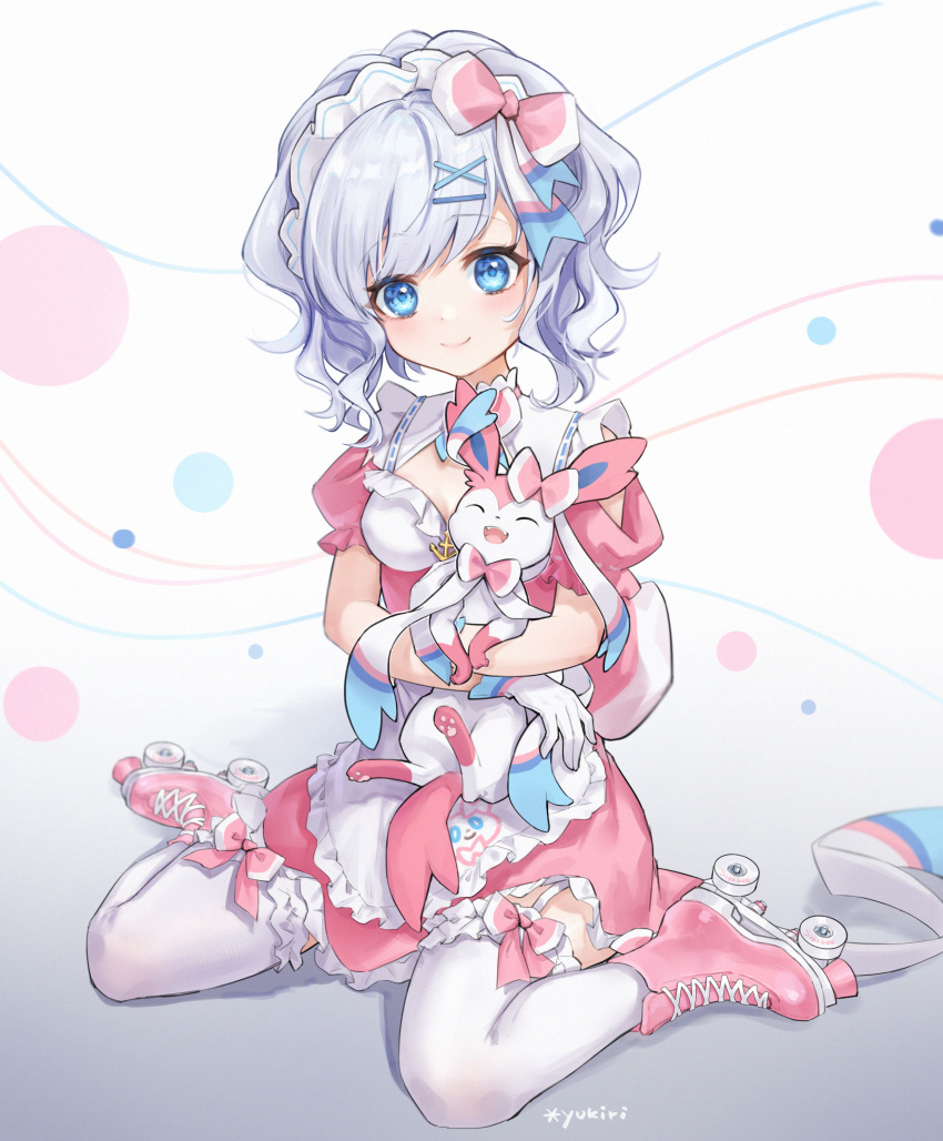 1girl, absurdres, apron, bangs, blue_eyes, blush, chinese_commentary, closed_eyes
