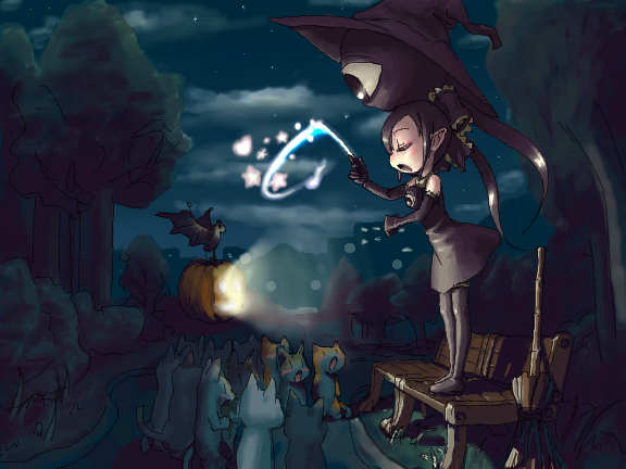 beako, bench, broom, cat, elbow_gloves, eyeball, furi, futaba_channel