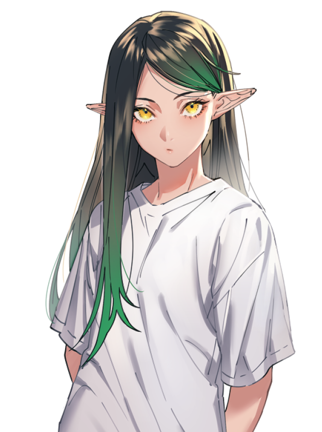 1boy, black_hair, closed_mouth, elf, expressionless, green_hair, hanabatake_chaika, long_hair