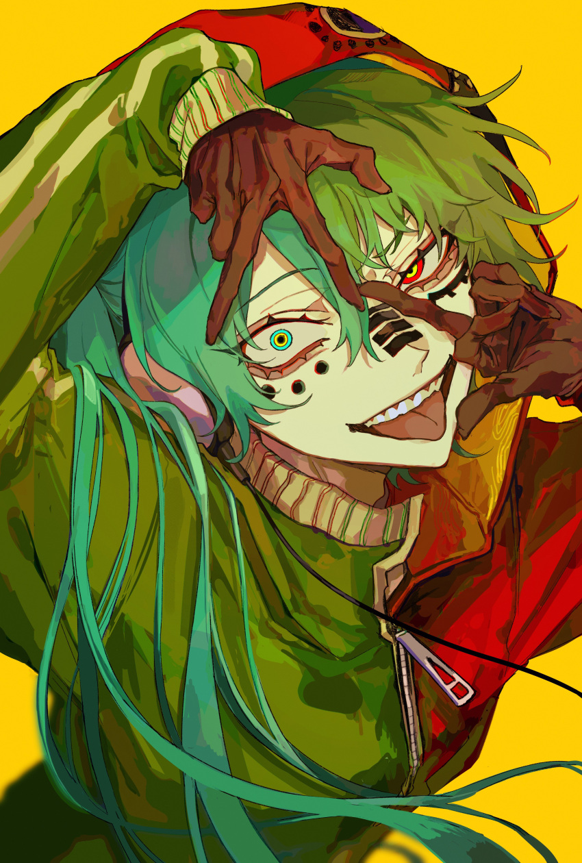 1girl, absurdres, aqua_eyes, aqua_hair, asymmetrical_clothes, asymmetrical_hair, brown_gloves, colored_skin, crazy_eyes, eyebrows_visible_through_hair, eyelashes, eyes_visible_through_hair, facepaint, flat_chest, fusion, gloves, green_hair, green_jacket, gumi, hair_between_eyes, hands_on_own_face, hands_up, hatsune_miku, head_tilt, headphones, heterochromia, highres, hood, hood_up, hoodie, jacket, kuroume_(aihikarikuroume24), long_hair, matryoshka_(vocaloid), middle_finger, multicolored, multicolored_eyes, multicolored_hair, raised_eyebrow, red_eyes, red_hoodie, ringed_eyes, sharp_teeth, short_hair, simple_background, sleeves_past_wrists, solo, teeth, tongue, tongue_out, track_jacket, tsurime, two-tone_hair, upper_body, upper_teeth, v, vocaloid, white_skin, yellow_background, yellow_eyes, zipper