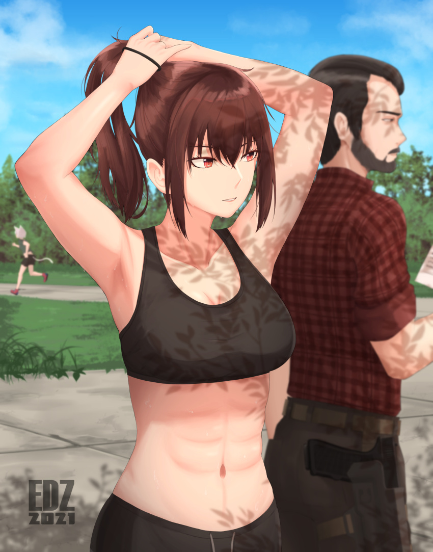 1boy, 2girls, abs, armpits, arms_up, brown_hair, cat_girl, edzactly