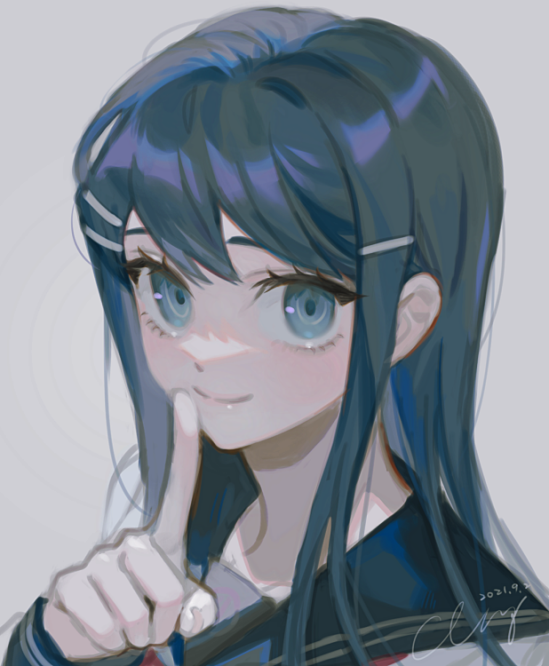 1girl, bangs, black_sailor_collar, blue_eyes, blue_hair, commentary_request, dangan_ronpa:_trigger_happy_havoc, dangan_ronpa_(series), dated, finger_to_mouth, grey_background, hair_ornament, hairclip, hand_up, index_finger_raised, long_hair, long_sleeves, looking_at_viewer, maizono_sayaka, miying_(ho_ru03_15), sailor_collar, school_uniform, shiny, shiny_hair, signature, simple_background, smile, solo