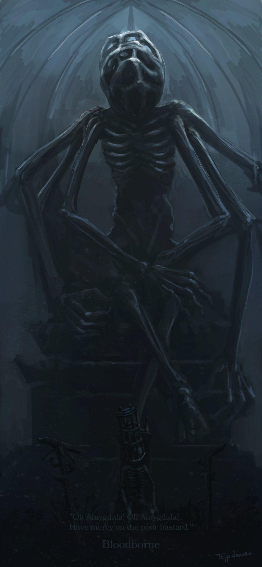 absurdres, amygdala, artist_name, bloodborne, cage, chair, commentary, crossed_legs