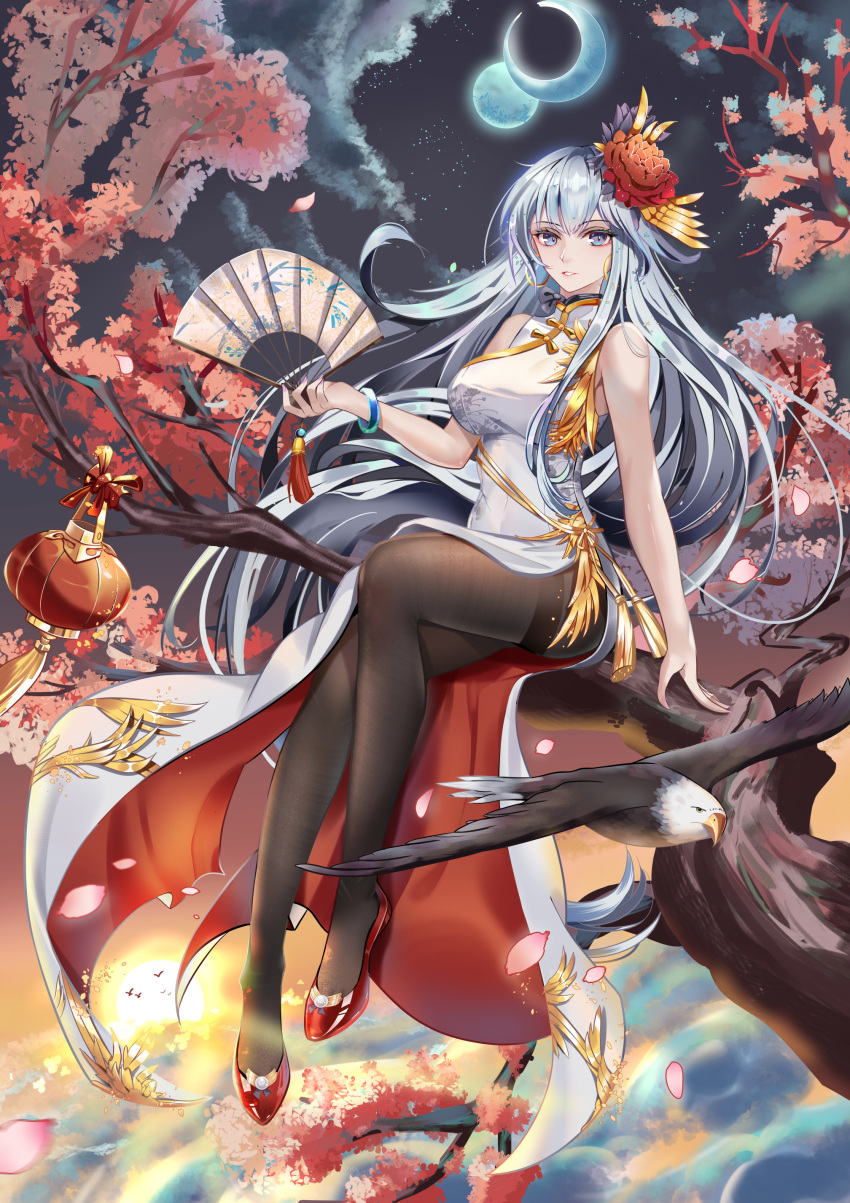 1girl, absurdres, asymmetrical_clothes, azur_lane, bald_eagle, bird, black_legwear, breasts