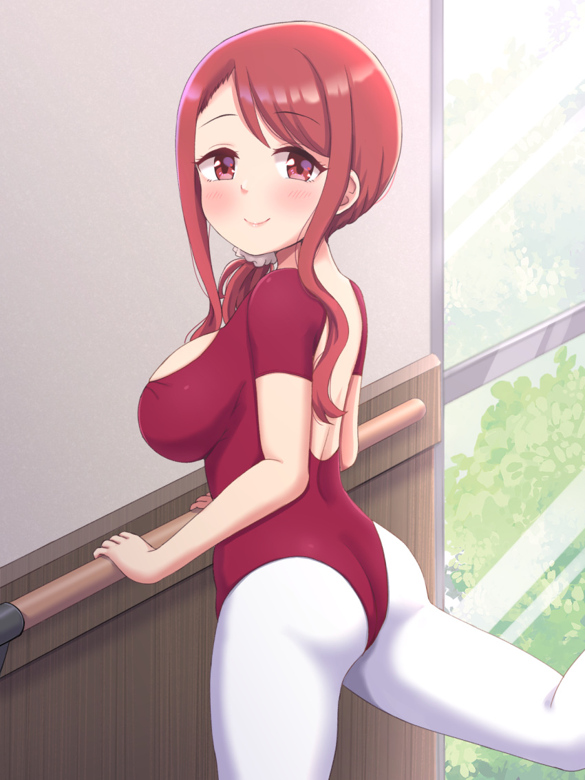 1girl, ass, athletic_leotard, ballerina, ballet, barre, blush, breasts, from_behind, gochuumon_wa_usagi_desu_ka?, highres, indoors, leg_lift, leg_up, leotard, long_hair, looking_at_viewer, looking_back, mature_female, natsu_megumi's_mother, pantyhose, ponytail, red_eyes, red_leotard, redhead, scrunchie, sideboob, smile, solo, standing, standing_on_one_leg, tanukikouji_midori, thighs, white_legwear, window