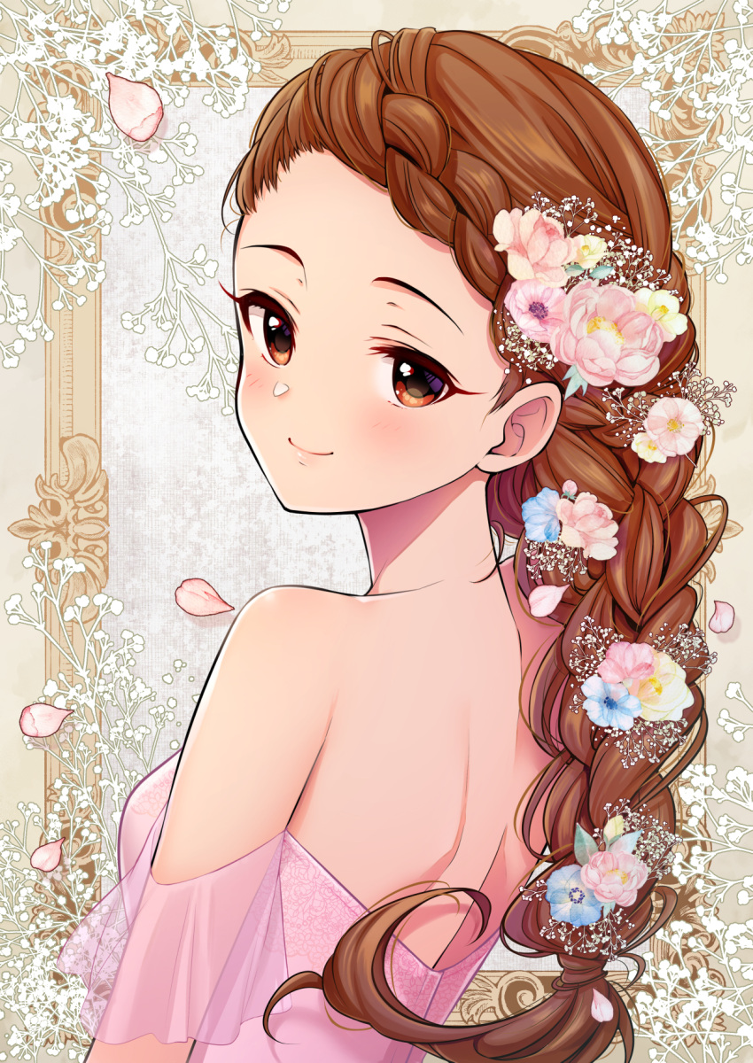 1girl, alternate_costume, alternate_hairstyle, backless_dress, backless_outfit, bare_shoulders, blush, braid