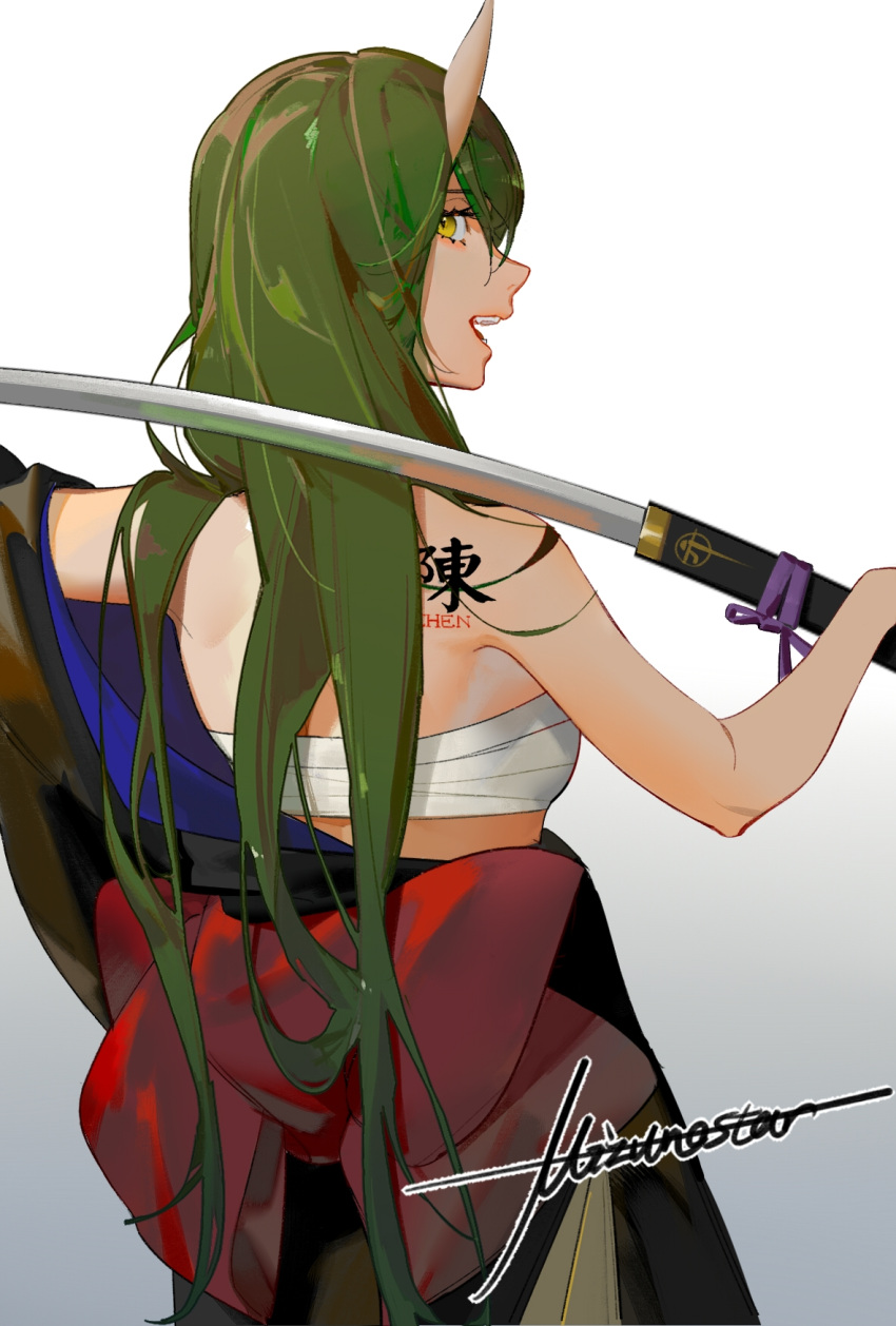 1girl, :d, arknights, black_kimono, chinese_commentary, commentary_request, from_behind, gradient