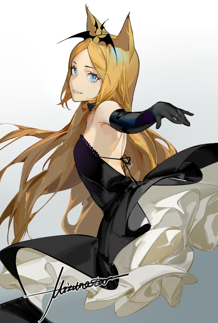 1girl, alternate_costume, animal_ears, arknights, bare_back, bare_shoulders, black_dress, blonde_hair