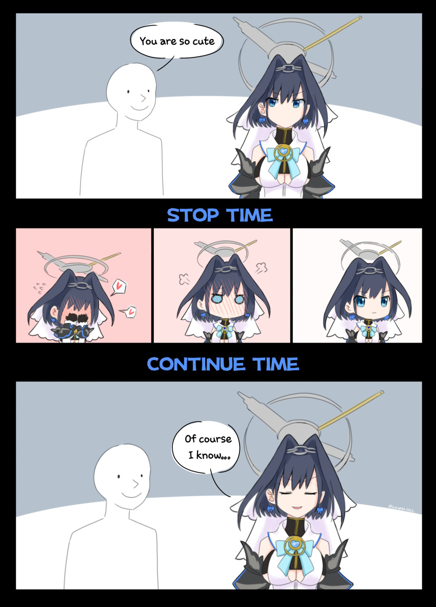1girl, 1other, absurdres, black_gloves, black_hair, blue_bow, blue_eyes, blush