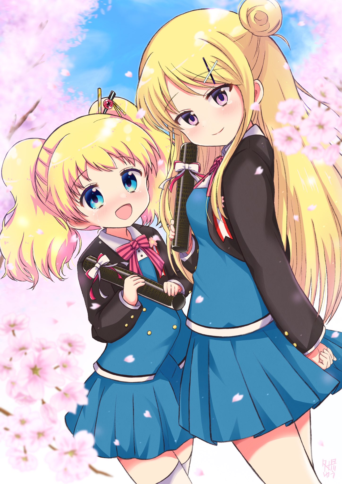 2girls, :d, alice_cartelet, blonde_hair, blue_eyes, blush, bow, cherry_blossoms, eyebrows_visible_through_hair, graduation, hair_ornament, hairclip, highres, kin-iro_mosaic, kujou_karen, long_hair, looking_at_viewer, multiple_girls, open_mouth, purple_bow, school_uniform, smile, tube, twintails, violet_eyes, x_hair_ornament, yuu2