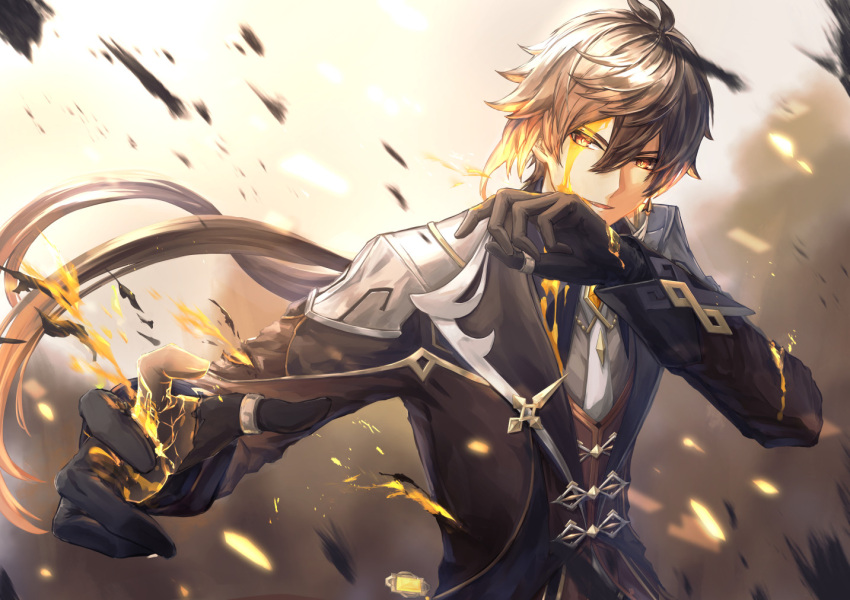 1boy, bangs, black_gloves, blood, blood_on_face, brown_hair, collared_shirt, commentary_request