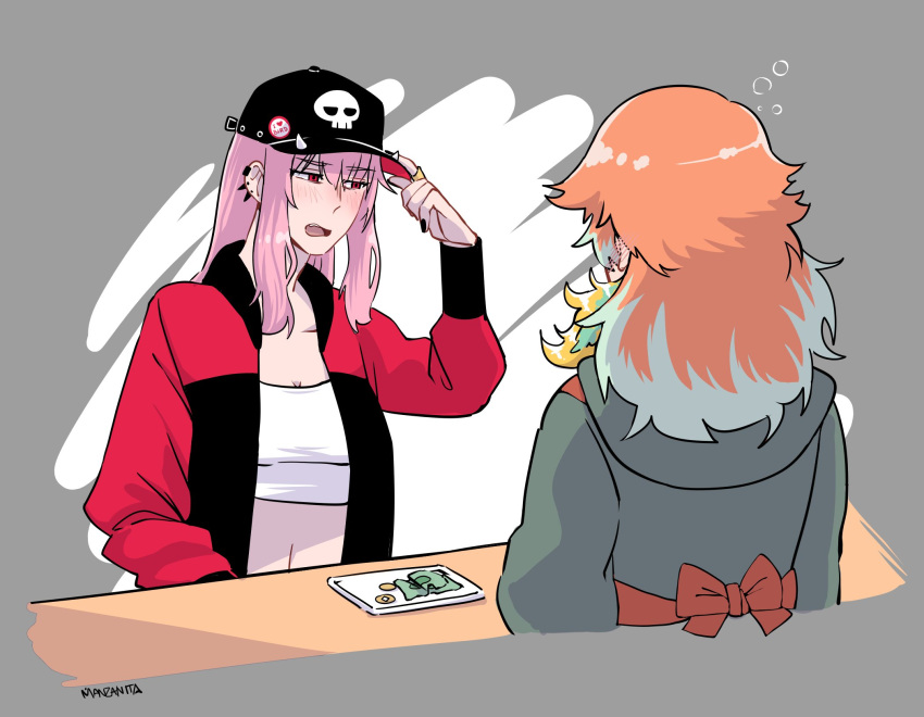 2girls, alternate_costume, bangs, baseball_cap, black_nails, blush, crmanzana, crop_top