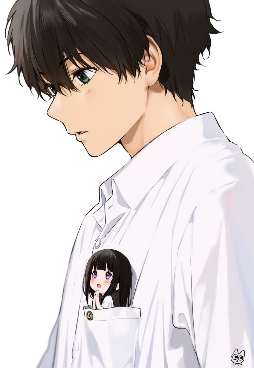 1boy, 1girl, artist_logo, bangs, black_hair, blush, breast_pocket, brown_hair