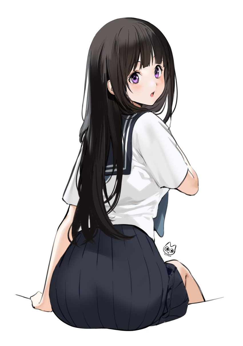 1girl, :o, arm_support, artist_logo, ass, bangs, black_hair, black_skirt