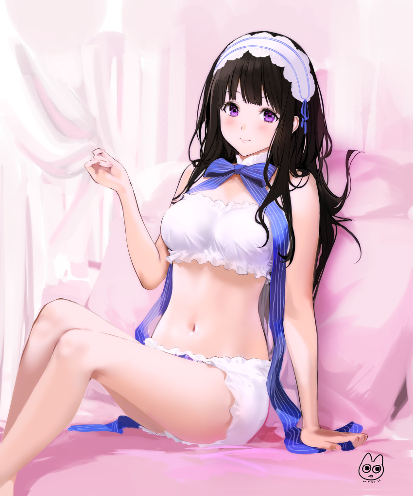 1girl, bandeau, bare_shoulders, black_hair, blue_ribbon, bow, bowtie, breasts