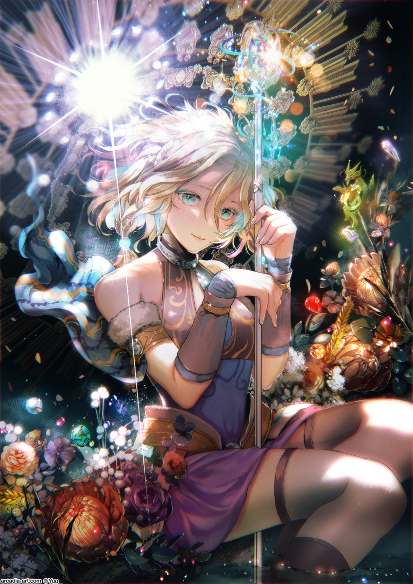 1girl, armlet, artist_name, bare_shoulders, blonde_hair, blue_hair, braid, breasts