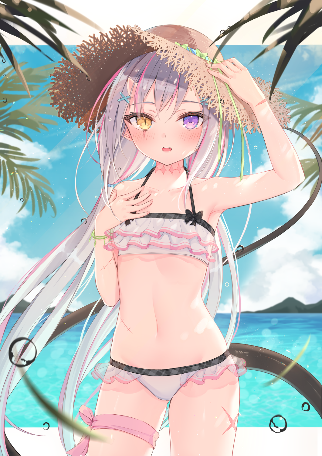 1girl, arm_up, bangs, bare_shoulders, bikini, blue_sky, blush, brown_headwear