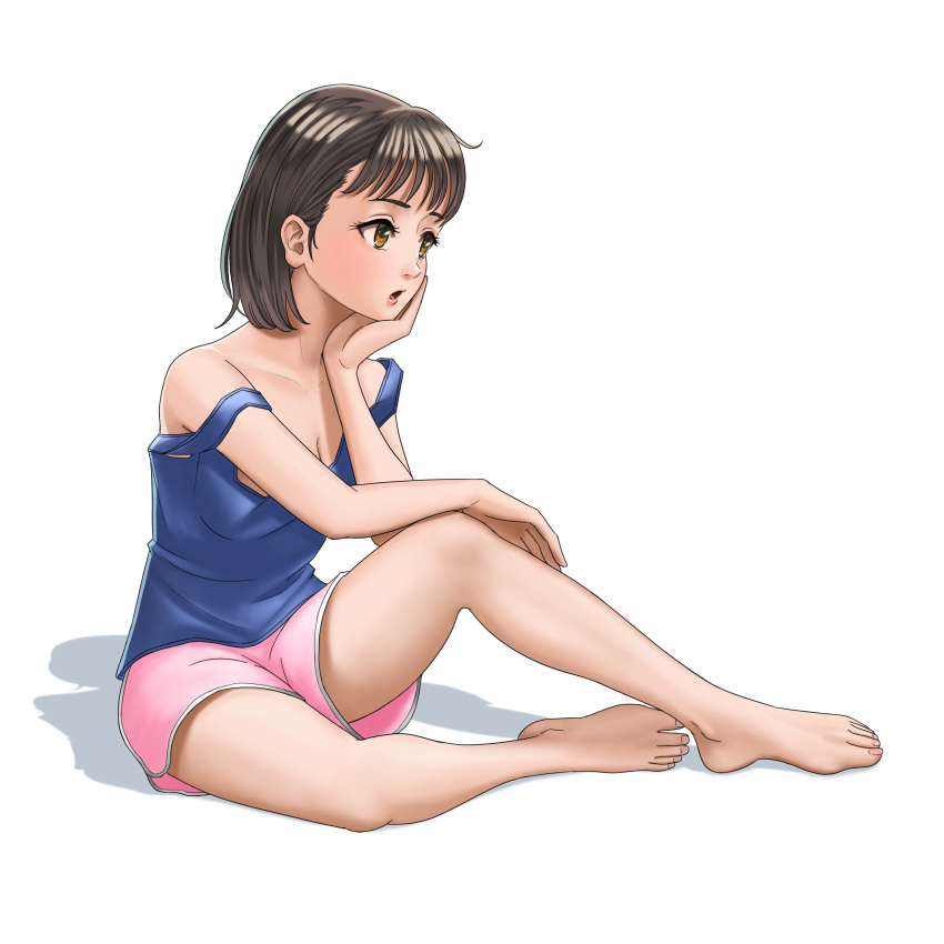 1girl, absurdres, arm_on_knee, bangs, barefoot, bob_cut, brown_eyes, brown_hair