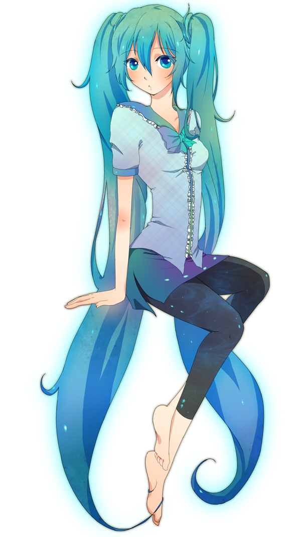 aqua_hair, bad_id, barefoot, feet, hatsune_miku, long_hair, shou_(past), skirt, twintails, very_long_hair, vocaloid