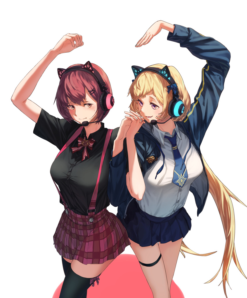2girls, absurdres, black_legwear, black_shirt, blonde_hair, blue_jacket, blue_skirt, breasts, chosen_one's_archpriestess_veronica, eyebrows_visible_through_hair, feet_out_of_frame, guardian_tales, hand_up, headphones, highres, hong_do, huge_filesize, idol, idol_captain_eva, jacket, long_hair, looking_at_another, looking_to_the_side, medium_breasts, multiple_girls, necktie, official_alternate_costume, open_clothes, open_mouth, pink_eyes, red_eyes, redhead, shirt, short_hair, simple_background, skirt, smile