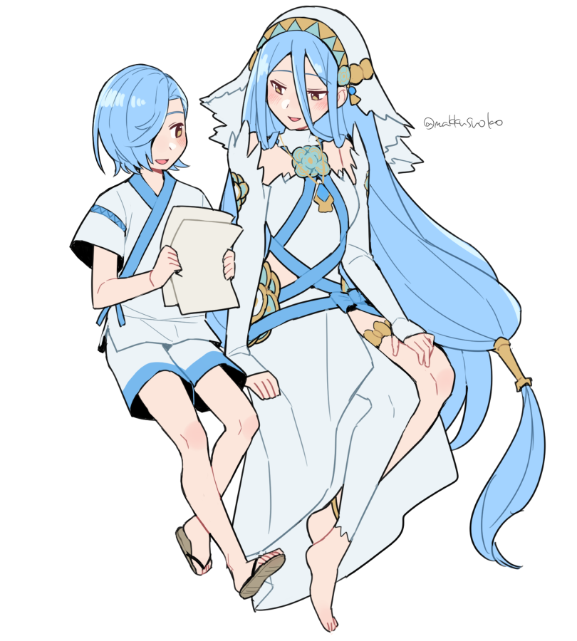 1boy, 1girl, anklet, aqua_(fire_emblem_if), asymmetrical_legwear, azura_(fire_emblem), bare_shoulders, barefoot, blue_hair, breasts, clothing_cutout, cute, detached_collar, detached_sleeves, do_m_kaeru, dress, eyebrows_visible_through_hair, fire_emblem, fire_emblem_14, fire_emblem_fates, fire_emblem_if, hair_between_eyes, hair_ornament, hair_over_one_eye, hair_tubes, holding, holding_paper, intelligent_systems, japanese_clothes, jewelry, kimono, long_hair, looking_at_another, medium_breasts, moe, mother_and_son, nintendo, open_mouth, paper, pendant, sandals, shigure_(fire_emblem), short_hair, short_sleeves, shorts, simple_background, sitting, sleeveless, sleeveless_dress, smile, strapless, strapless_dress, twitter_username, uneven_legwear, veil, very_long_hair, white_background, white_dress, white_kimono, white_legwear, white_shorts, white_sleeves, yellow_eyes, younger