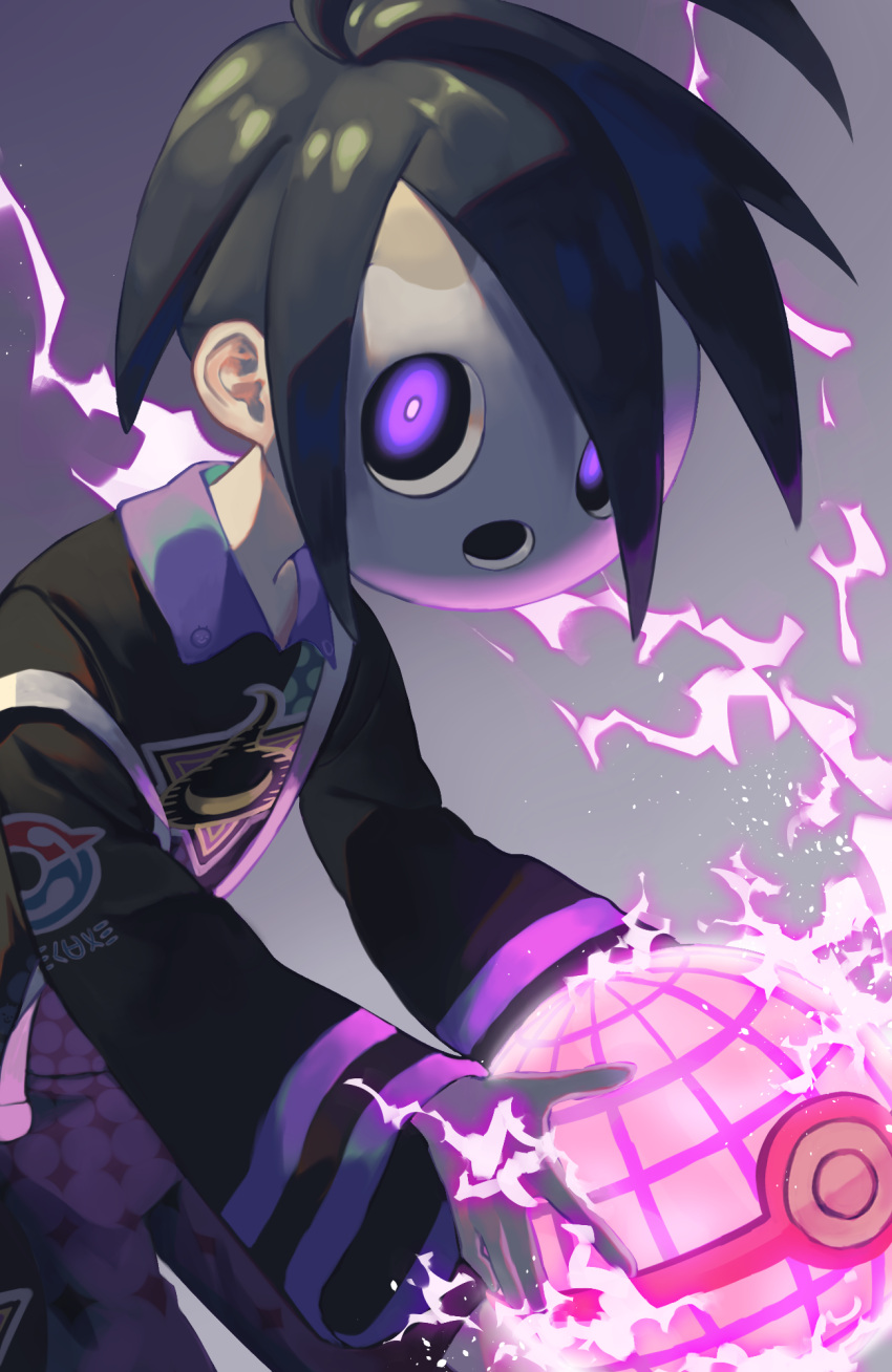 1boy, ahoge, allister_(pokemon), black_hair, collared_shirt, dynamax_ball, gtcockroach, highres