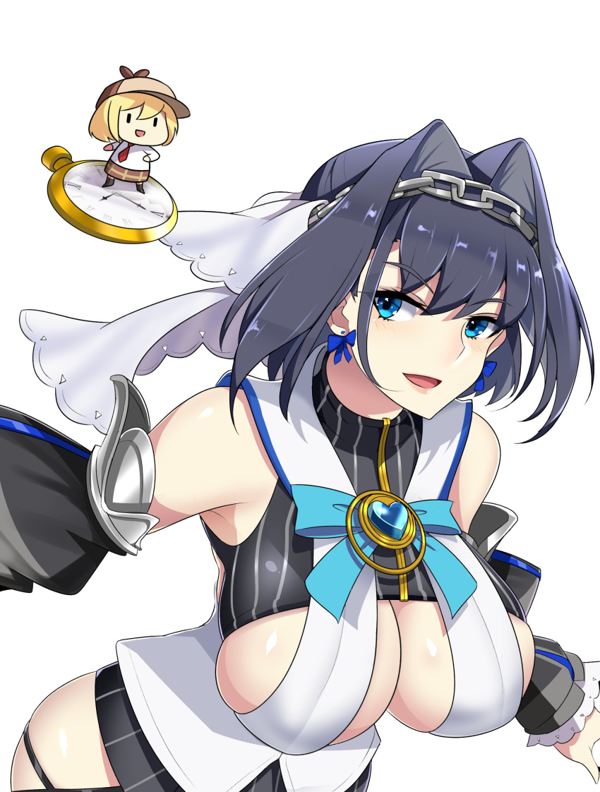 1girl, 2girls, absurdres, altronage, bangs, black_eyes, black_hair, black_skirt, blonde_hair, blue_eyes, breasts, brown_skirt, chibi, detached_sleeves, halo, highres, hololive, hololive_english, large_breasts, leaning_forward, looking_to_the_side, multiple_girls, open_hand, open_mouth, ouro_kronii, pocket_watch, short_hair, sideboob, skirt, smile, smol_ame, solo_focus, surfing, virtual_youtuber, walfie_(style), watch, watson_amelia