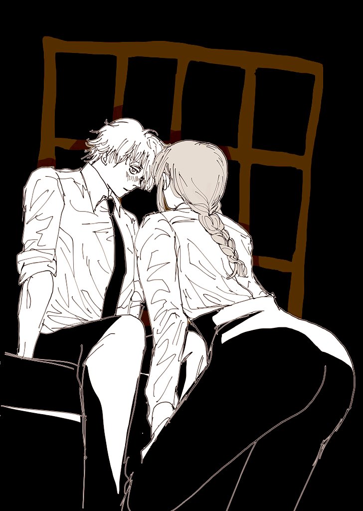 1boy, 1girl, ass, bangs, black_neckwear, blush, braid, braided_ponytail, business_suit, chainsaw_man, denji_(chainsaw_man), formal, hands_on_own_knees, long_hair, looking_at_another, makima_(chainsaw_man), mikiouji1, monochrome, necktie, office_lady, shirt_tucked_in, short_hair, sitting, suit
