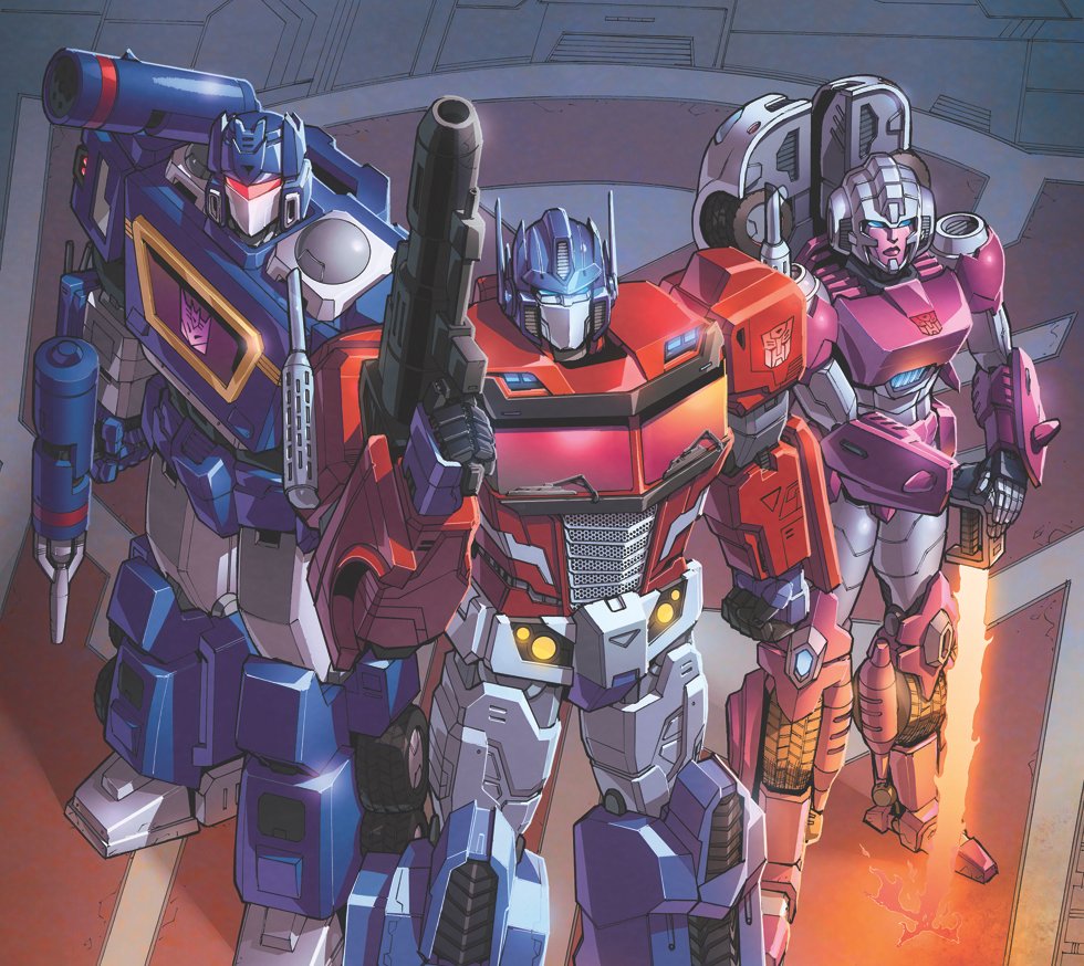 1girl, 2boys, arcee, autobot, blue_eyes, casey_w._coller, clenched_hand, comic_cover