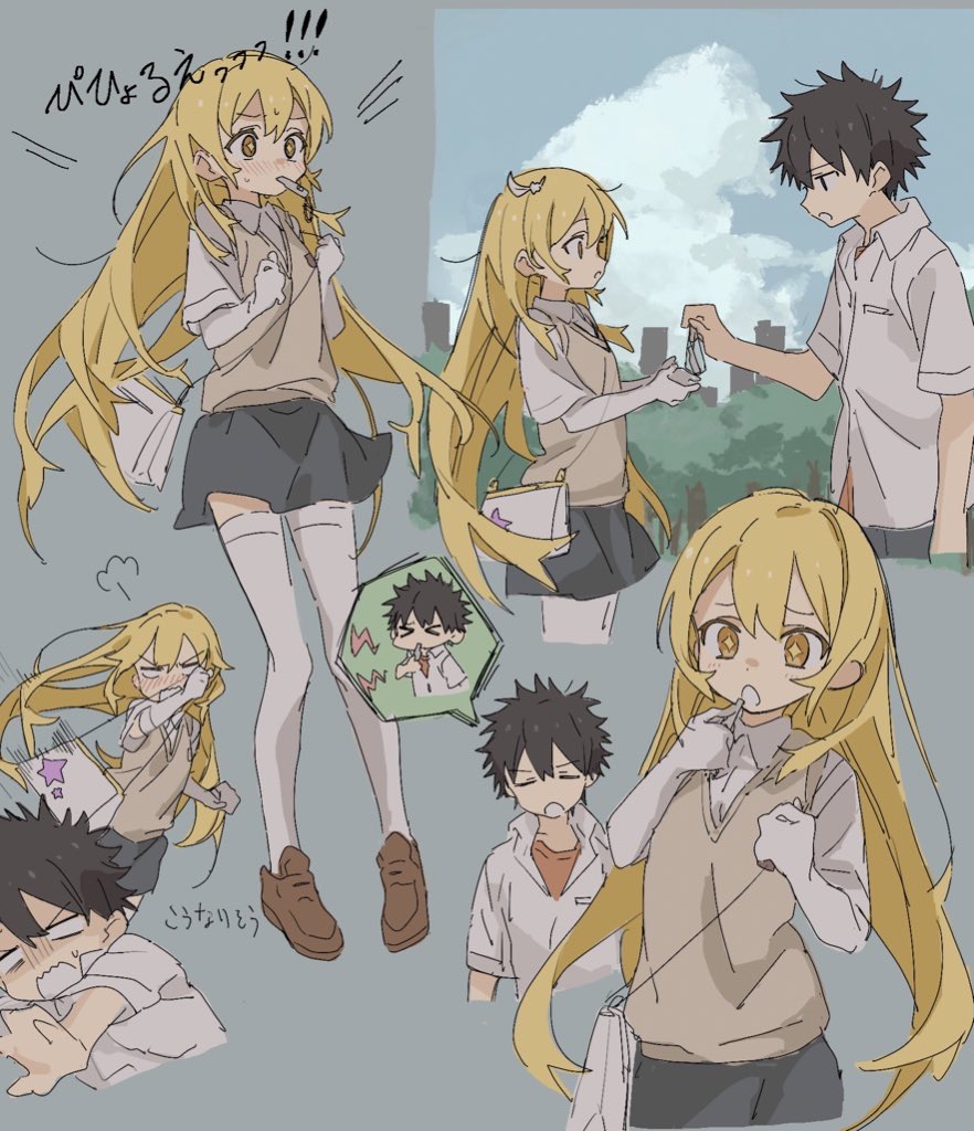 +_+, 1boy, 1girl, bag, black_hair, blonde_hair, blush, building