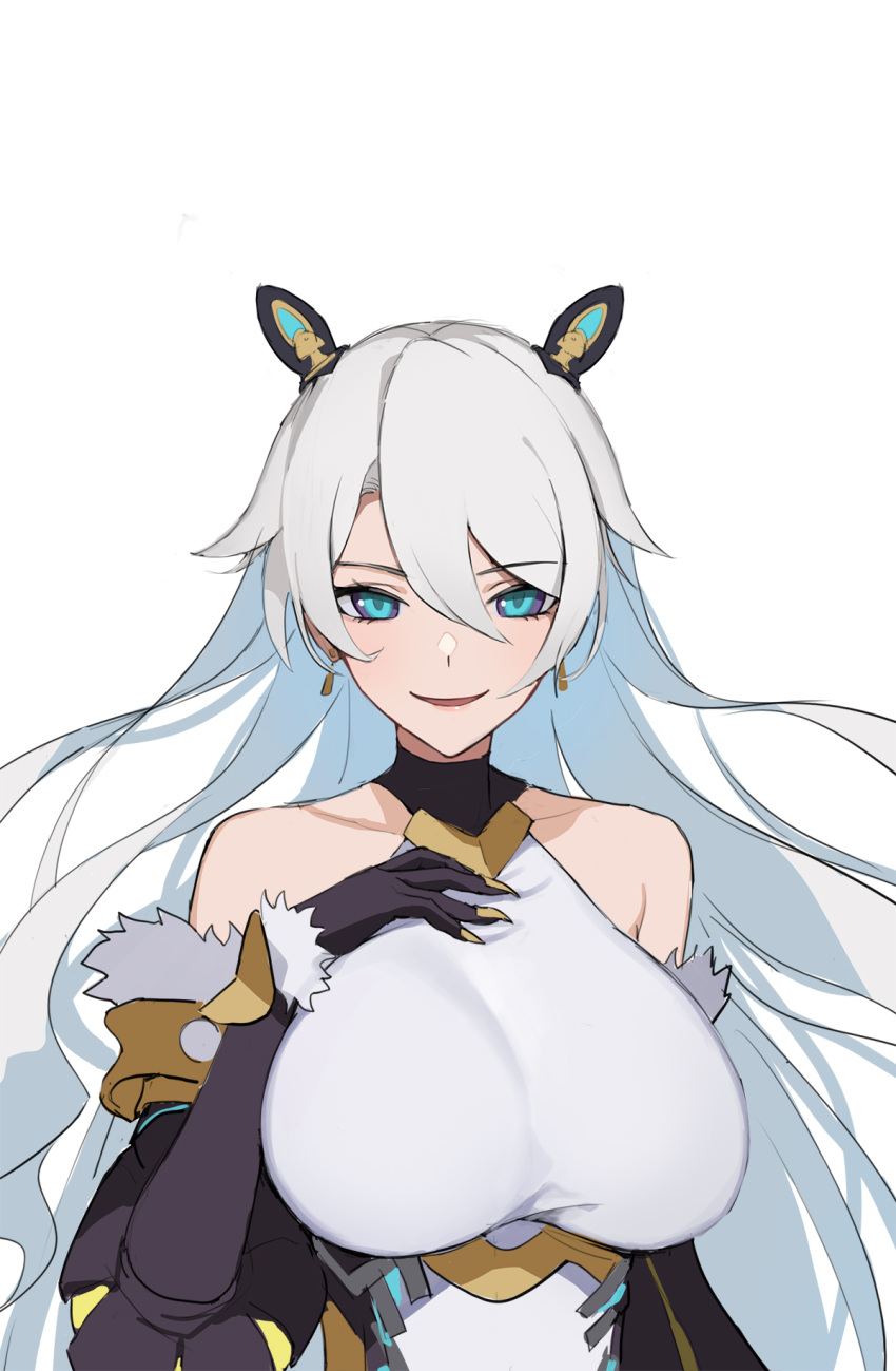 1girl, bare_shoulders, bercetia_(world_flipper), black_gloves, blue_eyes, breasts, collarbone, commentary