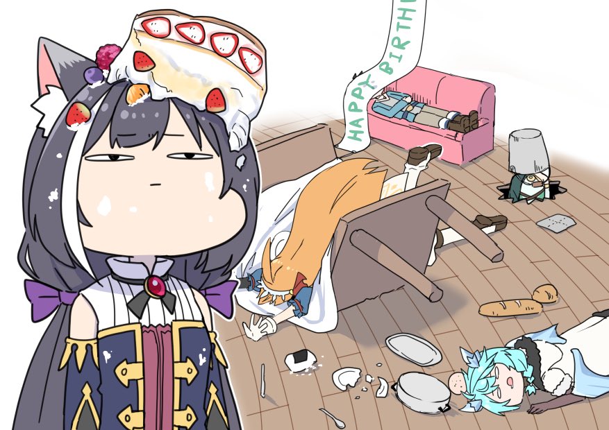 1boy, 4girls, ahoge, animal_ear_fluff, animal_ears, belt, black_hair, blank_eyes, blue_hair, boots, bow, bread, broken_plate, bucket, bucket_on_head, cake, coat, commentary_request, couch, detached_sleeves, fallen_down, food, food_on_head, fruit, guma_(gumaguma228), hair_bow, happy_birthday, head_bump, karyl_(princess_connect!), knife, kokkoro_(princess_connect!), long_hair, low_twintails, lying, mango, multicolored_hair, multiple_girls, object_on_head, on_back, onigiri, pecorine_(princess_connect!), pot, princess_connect!, raspberry, shefi_(princess_connect!), spoon, strawberry, streaked_hair, table, tablecloth, tiara, twintails, unamused, white_coat, wings, yuuki_(princess_connect!)