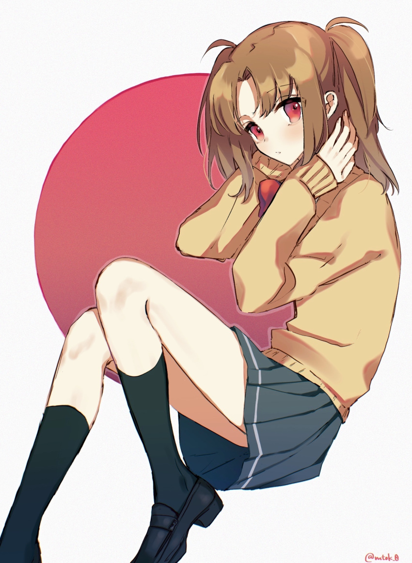 1girl, bangs, black_footwear, black_legwear, blush, bow, bowtie, brown_hair