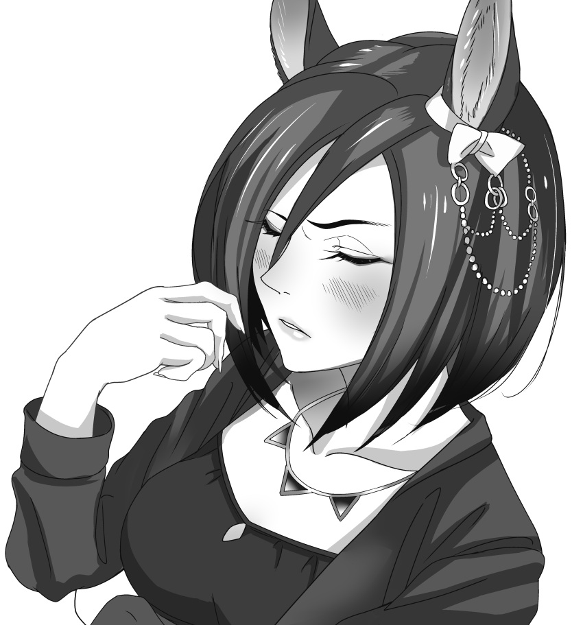 absurdres, air_groove_(umamusume), akegata_tobari, animal_ears, arm_under_breasts, blush, bow, breasts