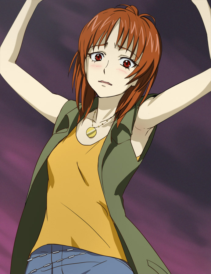 1girl, armpits, arms_up, blush, breasts, brown_hair, denim, futari_wa_precure