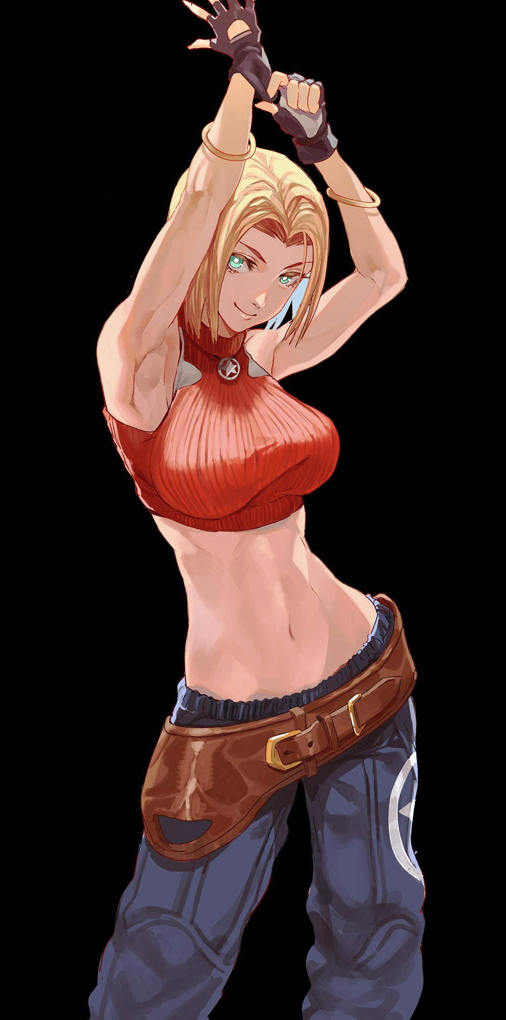 1girl, alternate_eye_color, aqua_eyes, armpits, arms_up, backlighting, baggy_pants, bangle