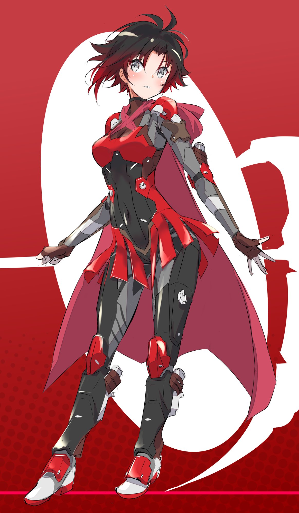 1girl, alternate_costume, armor, armored_boots, armored_skirt, black_hair, bodysuit, boots