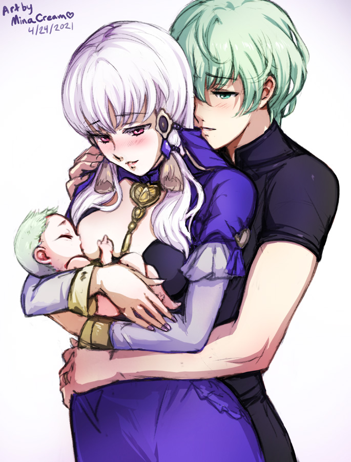 1boy, 1girl, baby, blush, breastfeeding, byleth_(fire_emblem), byleth_eisner_(male), fire_emblem
