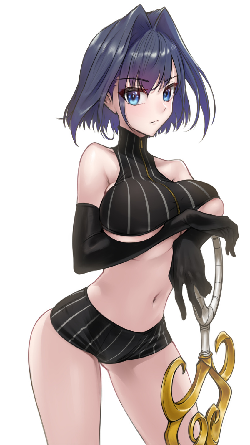 1girl, absurdres, arm_rest, bare_shoulders, black_gloves, blue_eyes, blue_hair, breasts