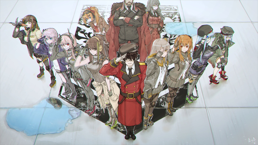 2boys, 404_(girls_frontline), 6+girls, alcohol, anti-rain_(girls_frontline), bangs, beard, beret, berezovich_kryuger_(girls_frontline), black_footwear, black_hair, black_legwear, black_ribbon, blue_eyes, blunt_bangs, braid, breasts, brown_eyes, brown_hair, closed_mouth, commander_(girls_frontline), commentary_request, dress, drinking, expressionless, eyebrows_visible_through_hair, eyepatch, eyewear_on_head, facial_hair, fingerless_gloves, full_body, g11_(girls_frontline), girls_frontline, gloves, green_eyes, green_hair, green_jacket, grey_hair, grifon_&amp;_kryuger, grin, hair_between_eyes, hair_ornament, hair_ribbon, hairclip, hat, headgear, headphones, headset, helianthus_(girls_frontline), highres, hk416_(girls_frontline), jack_daniel's, jacket, kalina_(girls_frontline), knee_pads, long_hair, long_sleeves, m16a1_(girls_frontline), m4_sopmod_ii_(girls_frontline), m4a1_(girls_frontline), military, military_jacket, military_uniform, monocle, multicolored_hair, multiple_boys, multiple_girls, necktie, nose_bubble, one_side_up, orange_hair, pantyhose, peagunz, pink_hair, plaid, plaid_skirt, puddle, red_eyes, red_jacket, ribbon, salute, scar, scar_across_eye, scrunchie, serious, shirt, shoes, side_ponytail, sidelocks, silver_hair, single_thighhigh, skirt, sleeping, sleeping_upright, smile, sneakers, st_ar-15_(girls_frontline), standing, streaked_hair, sunglasses, thigh-highs, twintails, ump45_(girls_frontline), ump9_(girls_frontline), uniform, white_shirt, yellow_eyes
