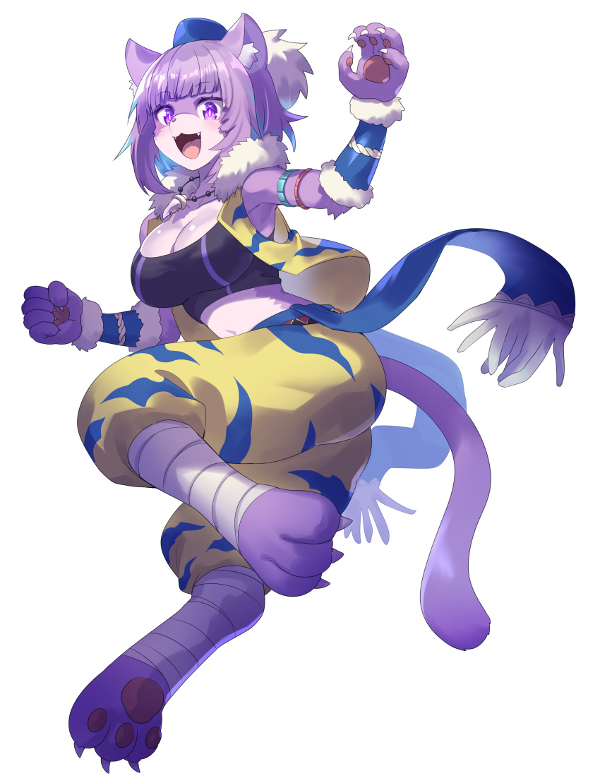 1girl, absurdres, animal_ears, bandages, breasts, cat_ears, cat_tail, claws, cosplay, crop_top, fang_necklace, fangs, furry, furry_female, hat, highres, hololive, kevin_(seiken_densetsu_3), kevin_(seiken_densetsu_3)_(cosplay), large_breasts, navel, nekomata_okayu, puffy_pants, purple_hair, sash, seiken_densetsu, seiken_densetsu_3, sleeveless, sleeveless_jacket, tail, tomoyohi, violet_eyes, virtual_youtuber, white_background