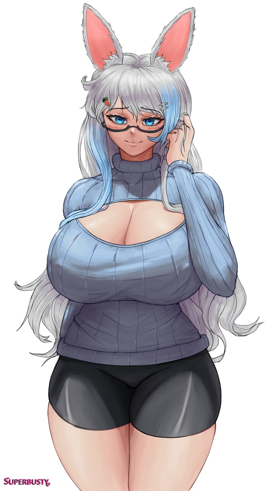 1girl, animal_ear_fluff, animal_ears, black-framed_eyewear, black_shorts, blue_eyes, blue_sweater, breasts