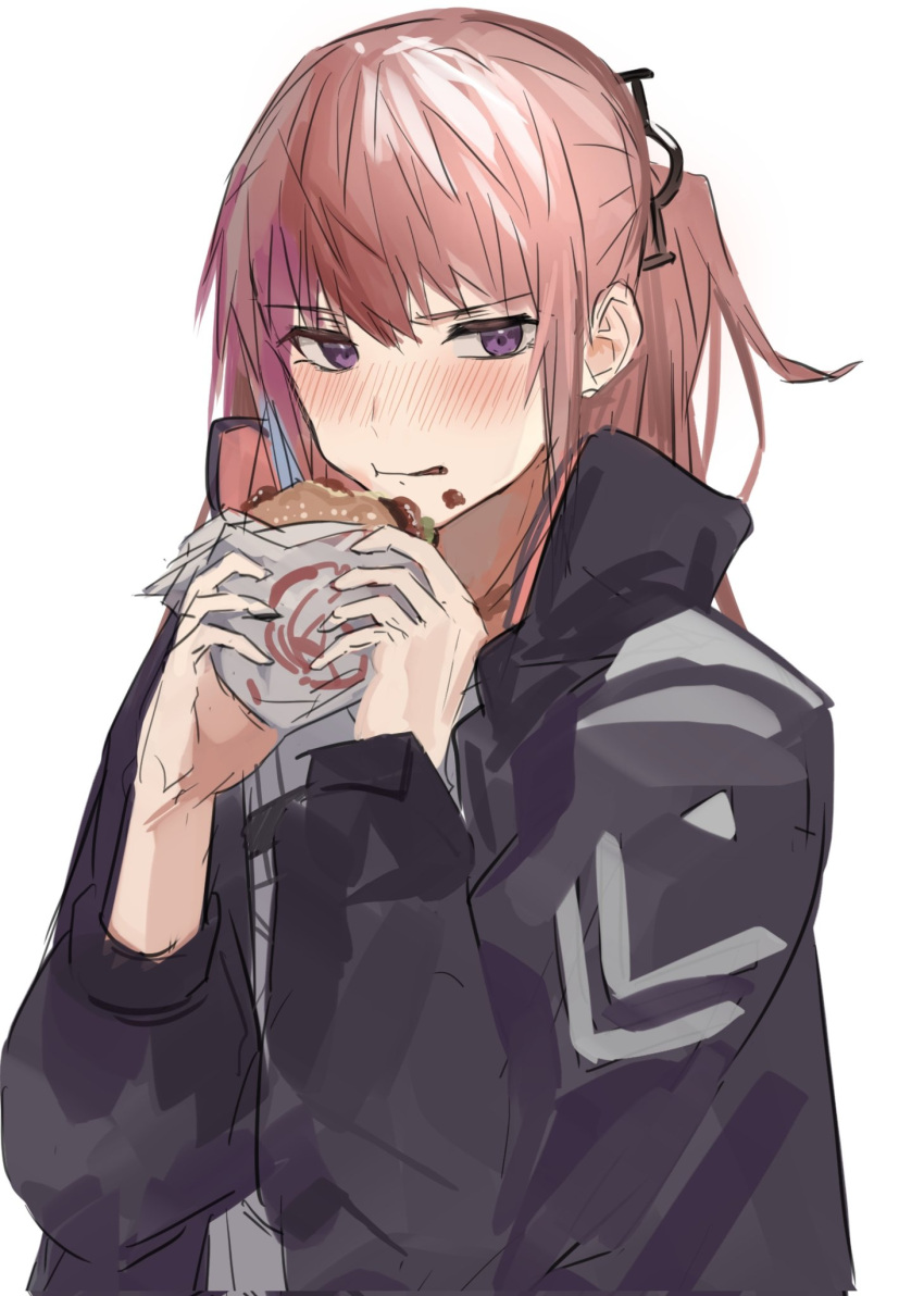 1girl, bangs, black_jacket, blush, burger, eating, food, girls_frontline