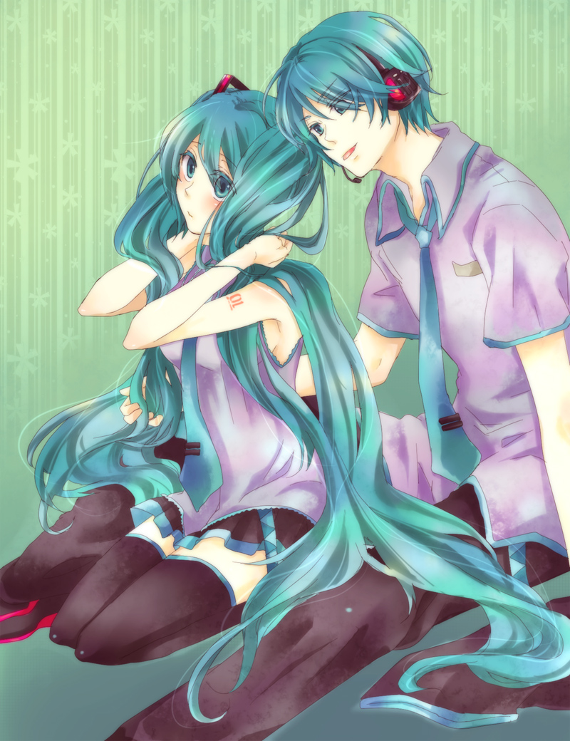 1boy, 1girl, aheim, aqua_eyes, aqua_hair, blush, genderswap, hatsune_miku