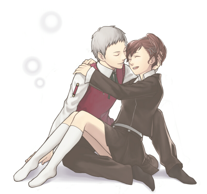 1girl, bandage, bandages, brown_hair, closed_eyes, couple, female_protagonist_(persona_3), hair_ornament
