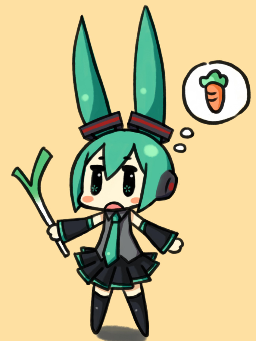 animal_ears, aqua_eyes, aqua_hair, bunny_ears, carrot, detached_sleeves, hatsune_miku, highres, long_hair, misa, misa_(little_yoko), necktie, rabbit_ears, simple_background, skirt, solo, spring_onion, thigh-highs, thighhighs, thought_bubble, twintails, very_long_hair, vocaloid