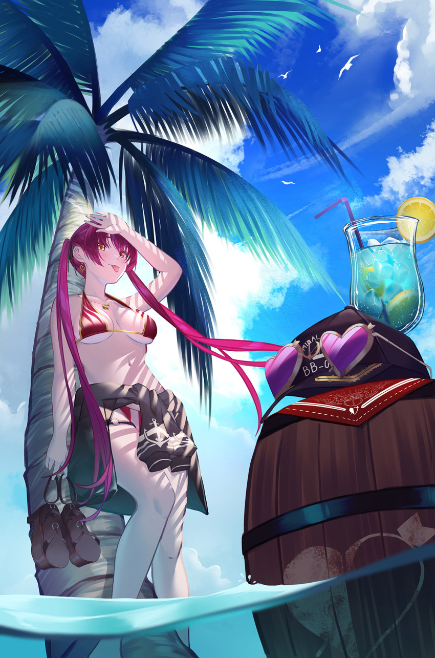 1girl, arm_up, arrow_through_heart, barefoot, barrel, baseball_cap, bikini, black_jacket