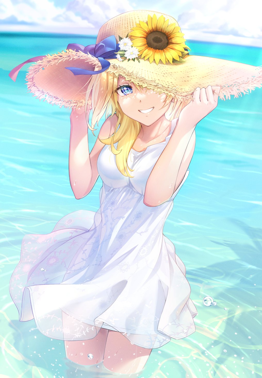 1girl, beach, blonde_hair, blue_eyes, bow, dress, flower, gogo_(detteiu_de)