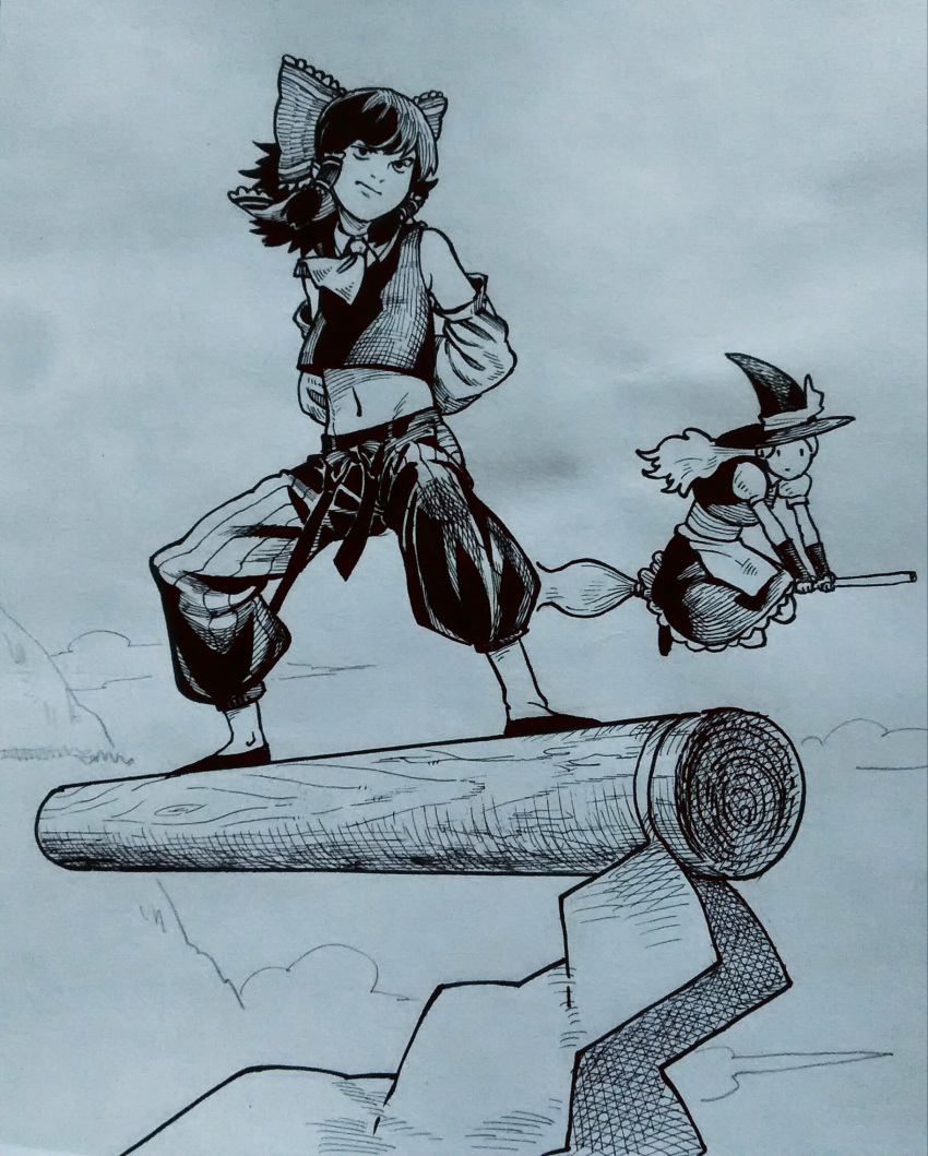 2girls, apron, arms_behind_back, bow, broom, broom_riding, crosshatching, dragon_ball, dragon_ball_(classic), graphite_(medium), greyscale, hair_bow, hair_tubes, hakurei_reimu, hat, hatching_(texture), highres, kirisame_marisa, log, midriff, monochrome, multiple_girls, navel, parody, sendai_(nazonomono), sky_surfing, touhou, traditional_media, waist_apron, witch_hat