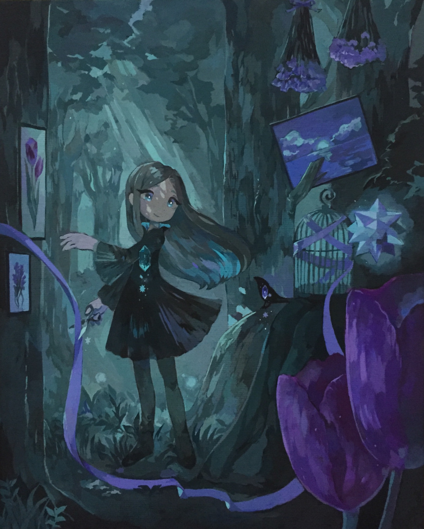 1girl, absurdres, acrylic_paint_(medium), animal, aqua_eyes, aqua_theme, bangs, bird
